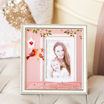 Imitation wood hand-painted European-style ins creative parent-child wedding photo set piece pink bird leaf glass photo frame