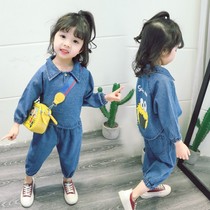New girls  autumn suit Korean version of trendy clothes 1-2-3 years old baby denim autumn long-sleeved 4 female baby two-piece suit