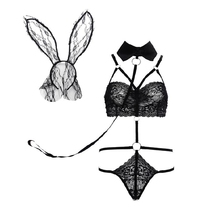 European and American sexy mood bra set uniform seduction chest underwear bra with rabbit ear neck ring