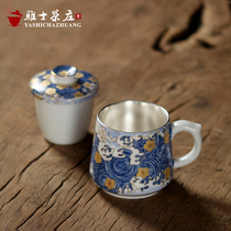 Gilt silver office cover cup Jingdezhen enamel color personal teacup Sterling silver 999 water cup Household filter teapot with lid