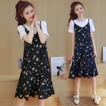 Pregnant women do not show belly cover summer skirt suspender skirt two-piece Net red suit summer floral dress