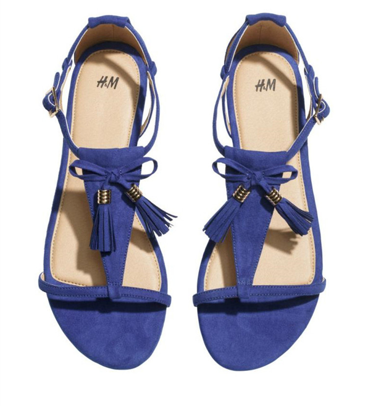 夏季hm凉鞋女欧美时尚新款流苏百搭黑色平底平跟罗马金属装饰女鞋