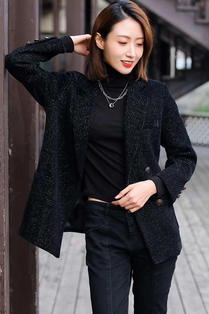 Bright silk black corduroy suit jacket women's 2021 autumn and winter new thick suit high-end casual loose top