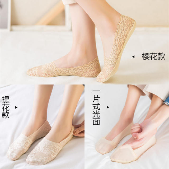 Lace socks boat socks women's non-slip non-falling pure cotton bottom summer thin shallow mouth ice silk invisible silicone heels ສູງ ins trend