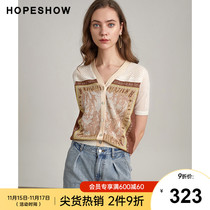 Red Sleeve hopeshowV Collar Knitted Cardigan Summer and Autumn New Women Simple Single Breasted Contrast Jacquard Pullover Top