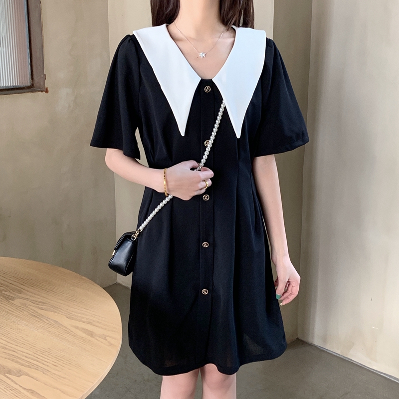 实拍夏季新款大码娃娃领黑色裙子收腰气质短袖连衣裙 m-4xl200斤 - 17