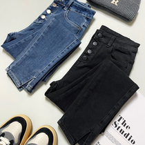 Four-grain buckles are thin legs are long small split good-looking S ~ high waist nine-point tight denim leggings womens autumn