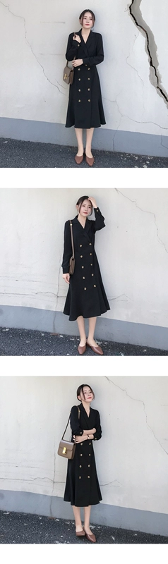 2021 phụ nữ mới mùa xuân và mùa thu váy dài trung thu màu đen hai bên ngực phù hợp với cổ áo dài tay nhẹ trưởng thành váy màu đen nhỏ - váy đầm