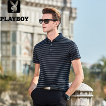 Floral Playboy mulberry silk short sleeve T-shirt male mid youth striped polo shirt with thin air and genuine silk blouse