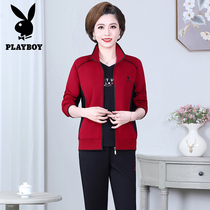 Flowers Playboy Sports Suit Women Fall New Middle Aged Mom Clothing Cotton Loose Casual Sports Wear 2 pieces