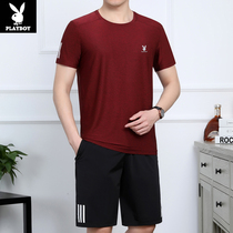Flowers Playboy Middle-aged Dad Ice Silk Short Sleeve T-shirt Big Code Speed Dry Sports Suit Men Loose Casual 50% Pants