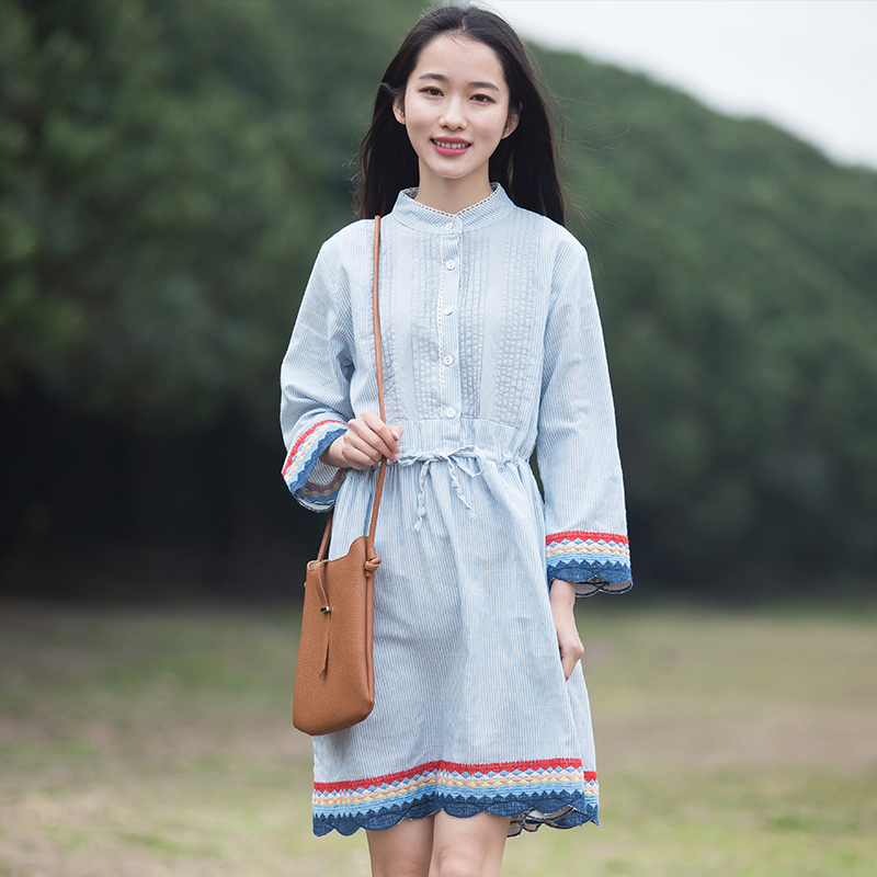 连衣裙女中长款2017夏季新款复古森系长裙宽松文艺刺绣民族风裙子