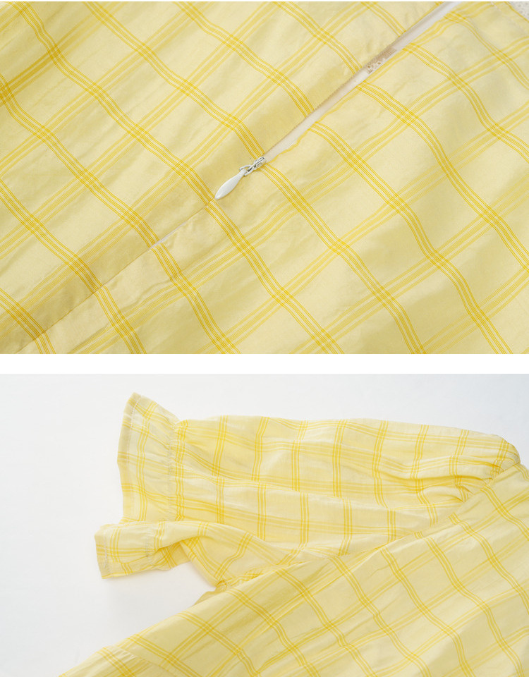 现货!主推淡奶黄色格子收腰显瘦连衣裙070-8816