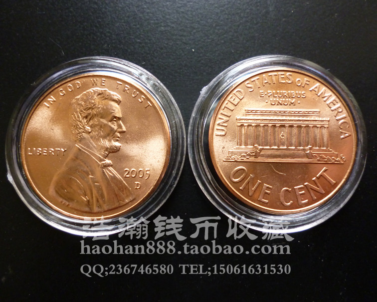 美洲 美国 2005年林肯总统 纪念堂 全新卷拆1美分硬币 外国钱币