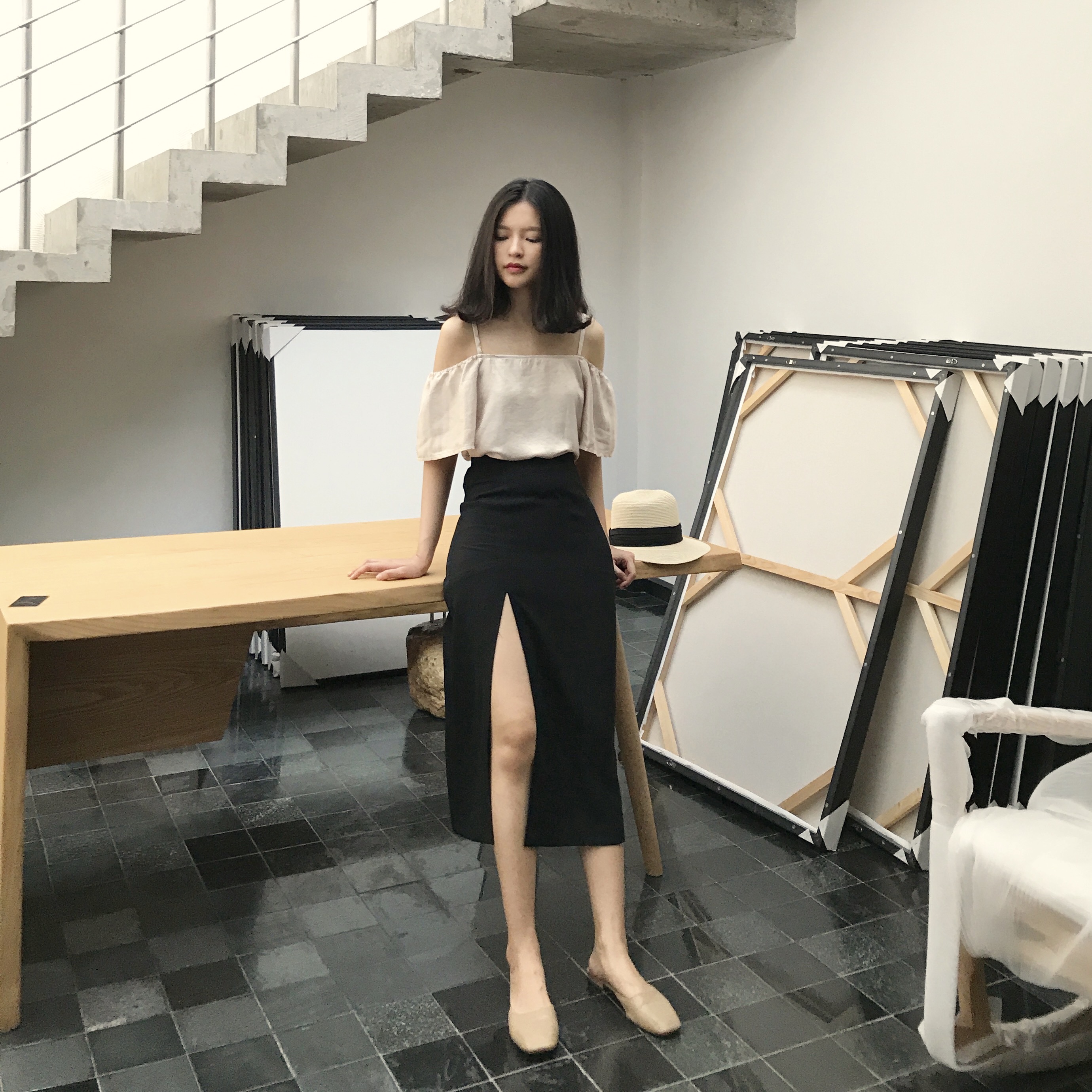 muna木娜 2017夏性感侧开叉纯色一步裙中长裙半身裙女