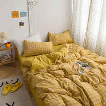 Japanese cotton washed cotton four-piece set Cotton plaid sheets quilt cover bed sheet section single double student bedding