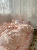 Pear Dream cherry blossom pink two sides with a chessboard grid pure cotton washed cotton four sets full cotton linen quilt cover bedding