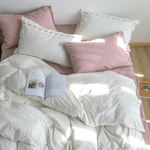 Nordic simple Japanese pure cotton washed cotton bedding Solid color cotton four-piece set of sheets duvet cover Dormitory double