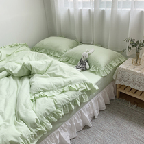 Qingqing Bobo tea~Solid color pure cotton washed cotton four-piece set girl heart cotton Princess wind double bed bedding