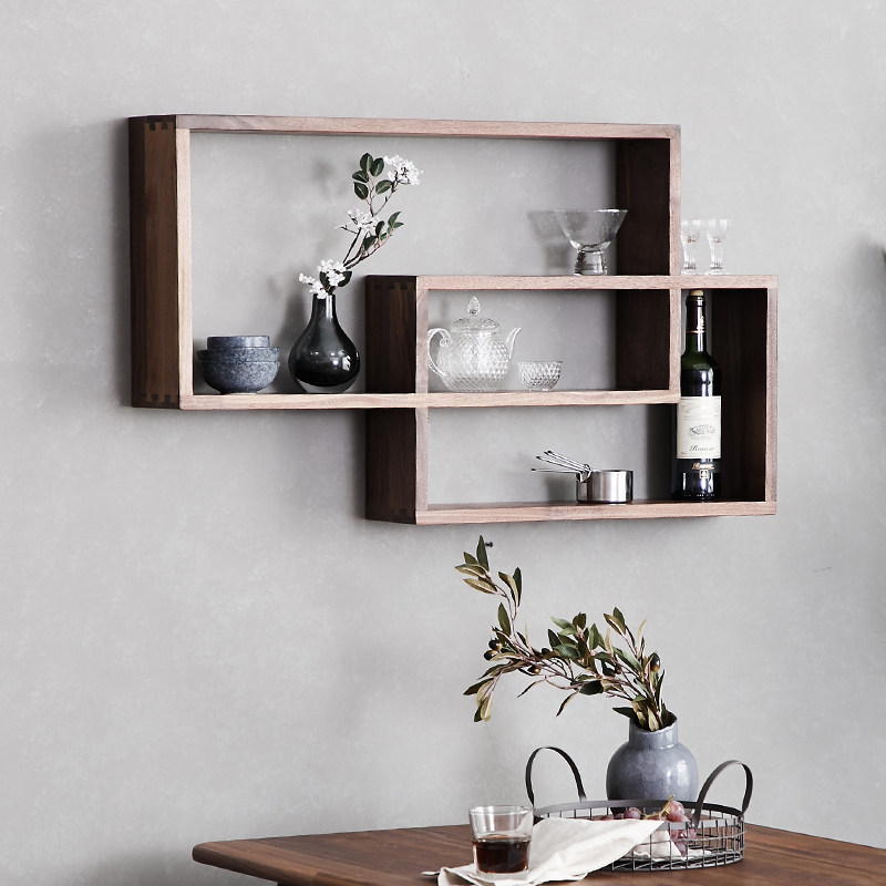 创意黑胡桃实木装饰架隔板置物架餐厅墙壁置物挂墙架壁挂架