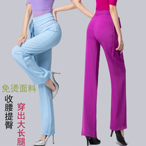 Latin dance pants womens high waist lifting hip ribbon ballroom dance wide legs thin national standard dance new dance pants modern dance