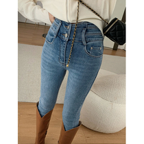 MUKOK blue jeans autumn womens 2022 new pencil pants high waist slit nine points small feet pants