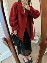 MUKOK red double-sided woolen coat womens mid-length 2022 new autumn and winter waistline thin woolen coat