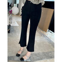 MUKOK2022 spring and autumn black high-waisted all-match micro-launched cropped pants slim fit and thin slit flared jeans women