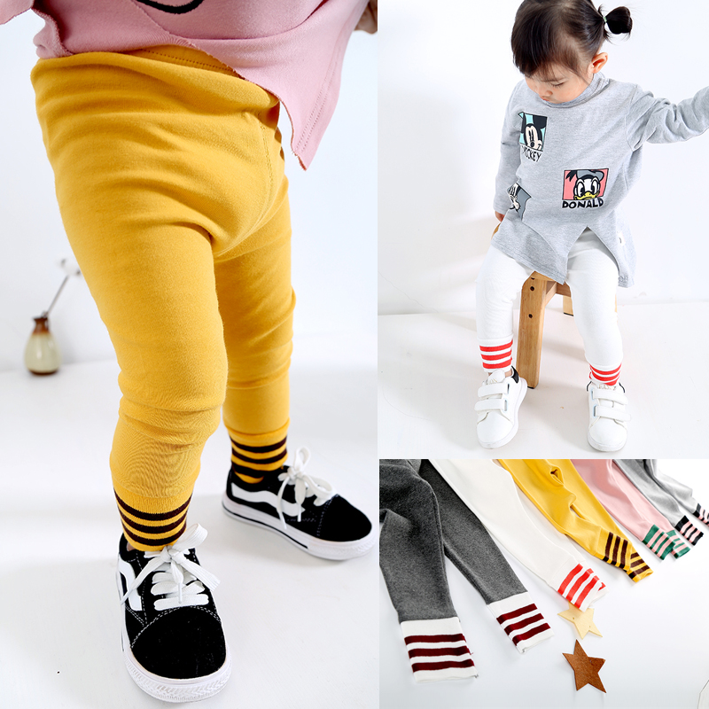 Girls' wear striped bottoming pants spring and autumn thin children's white baby cotton feet trousers trendy