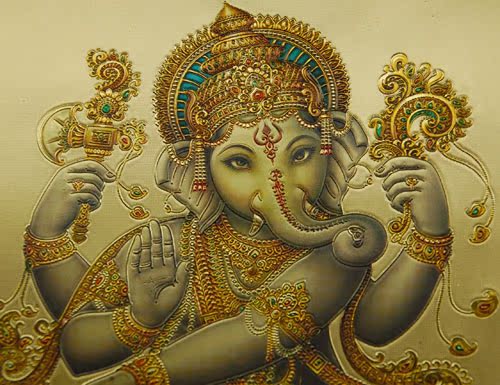 印度神像甘内什甘奈什 ganesh象鼻神金箔画 礼品藏品奎师那的天空