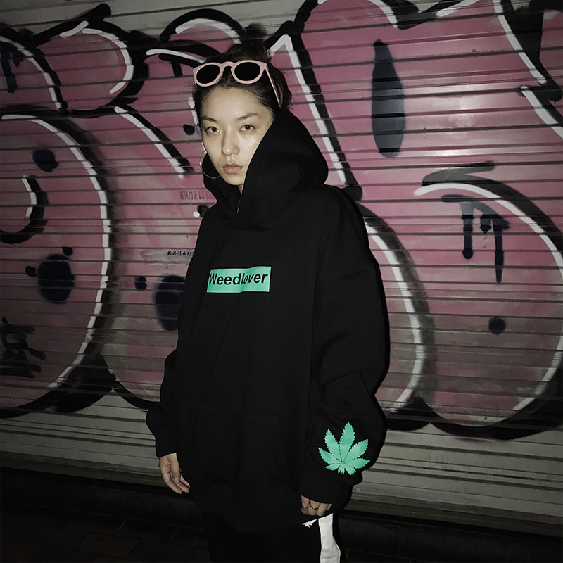 weedlover麻叶印花套头连帽卫衣宽松潮流男女box帽衫国潮男装潮流_7折