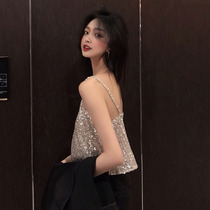 Chic Han Feng Fashion Sequin Sparkling V-neck Camisole Women Wear Loose Joker Short Sexy Top Tide in Autumn