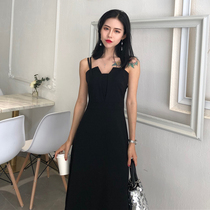 2021 new summer small black dress fashion temperament off-the-shoulder high waist slim retro sundress midi dress female