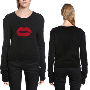 毛衣rêve2017秋冬新款黑色针织红唇图案圆领宽松套头打底衫女毛衣 le