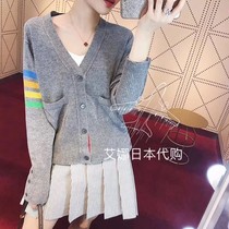 Thom Browne 21 early spring knit sweater cashmere sweater four-bar V-neck colored striped wool mens and womens cardigan coat