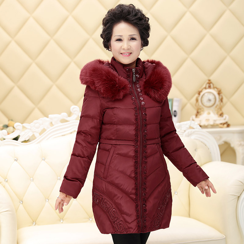 中老年羽绒服女中长款 中年女装妈妈装冬装外套大码长袖连帽40-50
