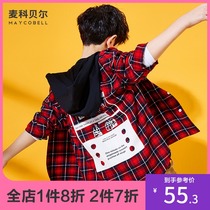 Boys  shirt Long-sleeved spring and autumn cotton hooded plaid shirt Medium and large childrens thin velvet jacket tide autumn top