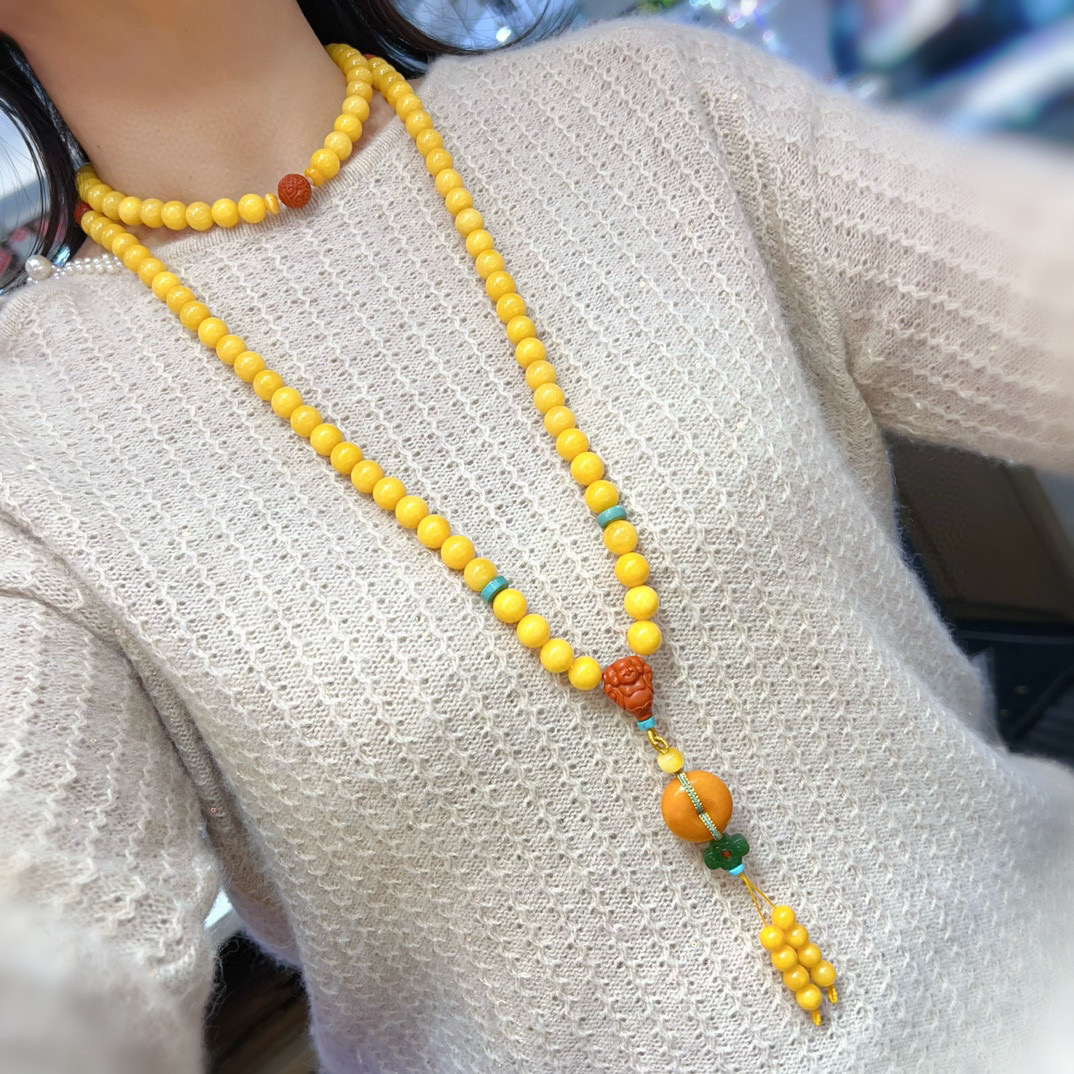 天然俄料鸡油黄11mm108颗老蜜蜡佛珠手链 项链 蜡质浓厚重110克xw