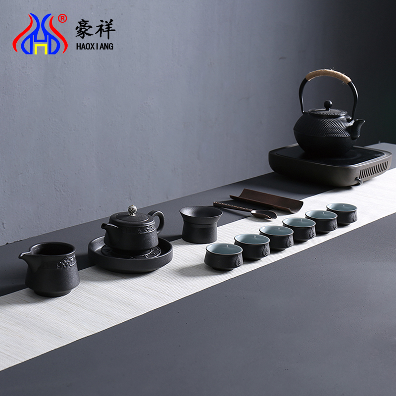 Howe auspicious household utensils sets coarse pottery kung fu tea set gift box, black pottery tea tureen teapot teacup