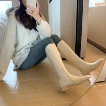 Full cowhide and White Round Head Knight boots flat bottom temperament Brown stretch boots thin but knee boots high tube