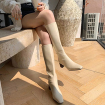 Yuan circle Korean high boots women do not have knee boots white thick heel Knight boots ins leather square head Middle heel boots