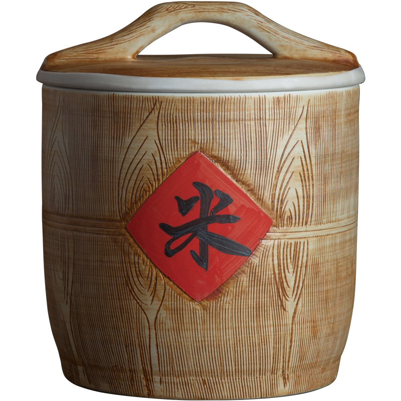 Jingdezhen ceramic barrel home 10 jins 20 to 30 jins imitation solid wood flour barrels moistureproof insect - resistant seal storage tank