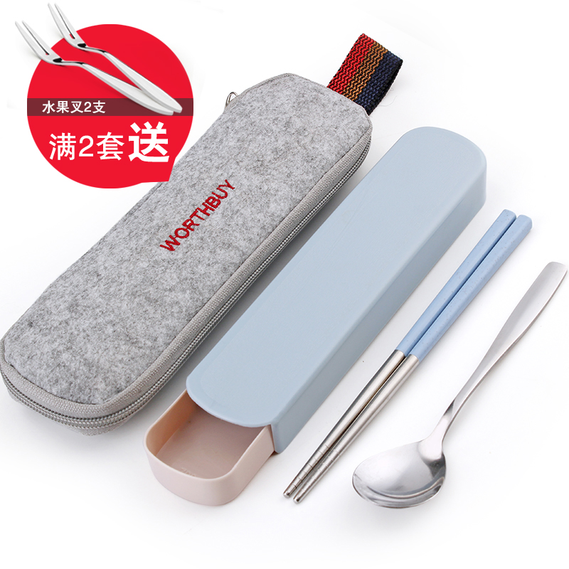 创意不锈钢便携式餐具三件套学生可爱筷子盒长柄勺子套装儿童旅行产品展示图1
