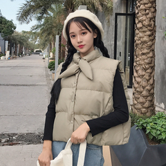实拍 冬装女装韩版个性交叉尖领单排扣面包服无袖背心棉马甲