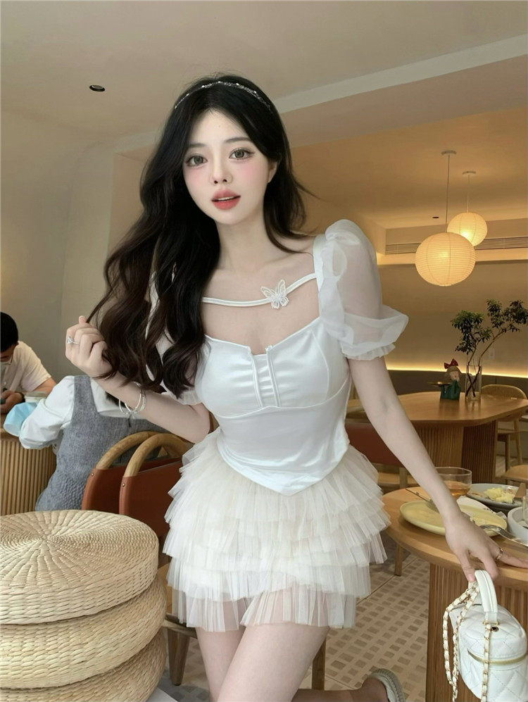 实拍夏性感雪纺露背露胸蕾丝衫t显胸上衣 - 17网