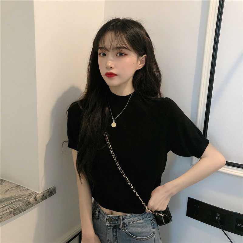 实拍实价 夏季短袖泫雅风短款网红针织上衣女