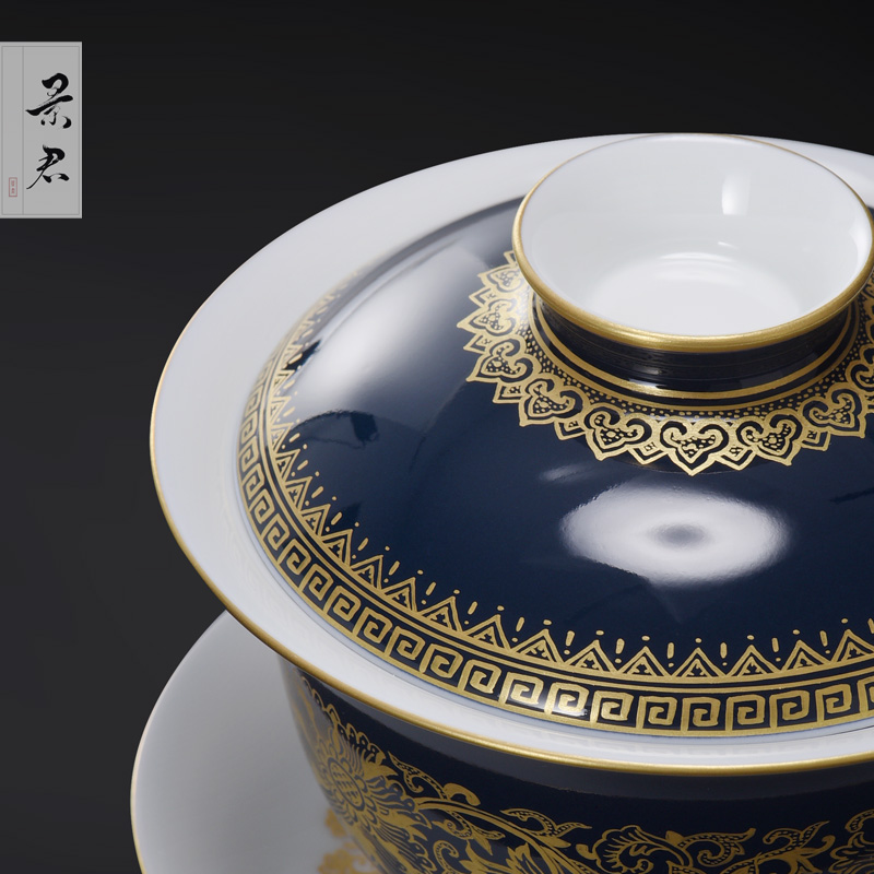 Jingdezhen hand - made ji blue paint tureen tea cups checking ceramic tea set three fort tea tureen
