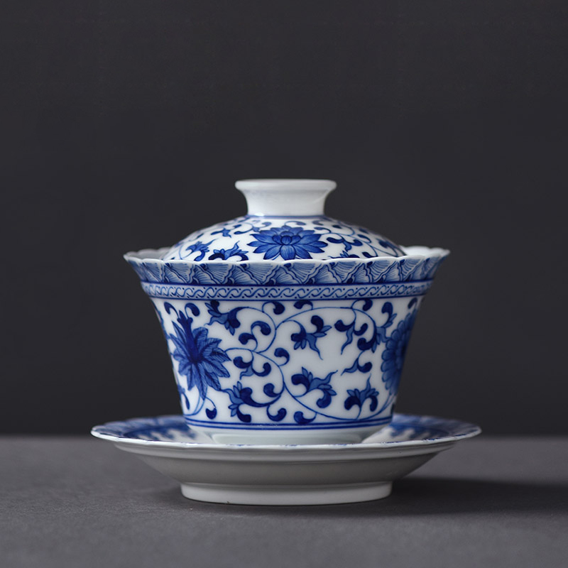 JingJun jingdezhen ceramic hand - made bound lotus flower all hand three tureen of blue and white porcelain teacup kung fu tea bowl