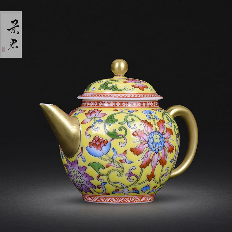 Kung fu in jingdezhen ceramic teapot hand - made yellow colored enamel bound lotus flower grain teapot full manual single pot of tea