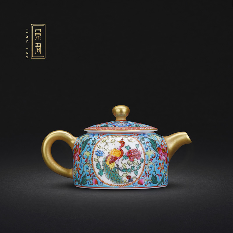 JingJun jingdezhen ceramic teapot tea kungfu hand - made blue medallion peacock enamel teapot full manual